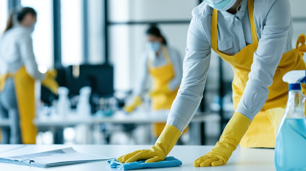 Équipe de nettoyage désinfectant les surfaces d'un bureau