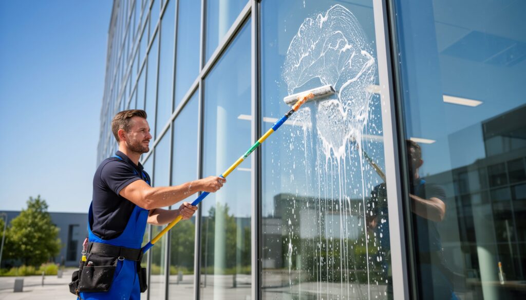 Laveur de vitres nettoyant la façade vitrée d'un immeuble de bureaux